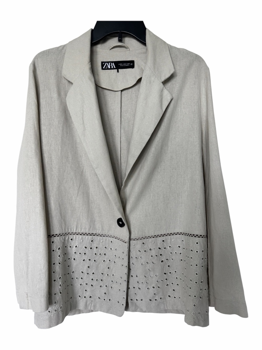 ✅ Zara Cream with gray undertone Eyelet-Hem Single-Button Blazer linen blend XS